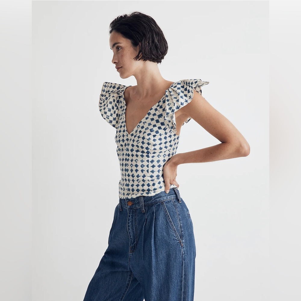Madewell Blue and White diamond patterned V-neck Top